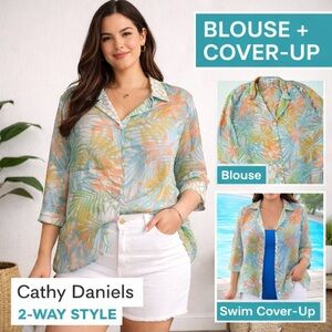 Cathy Daniels Tropical Sheer Button-Up Blouse / Swim Cover-Up XL Lightweight